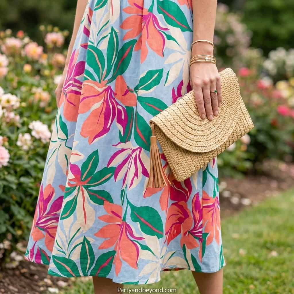 Elegant floral dress perfect for 16th graduation celebrations and outdoor parties. Bright, stylish,.