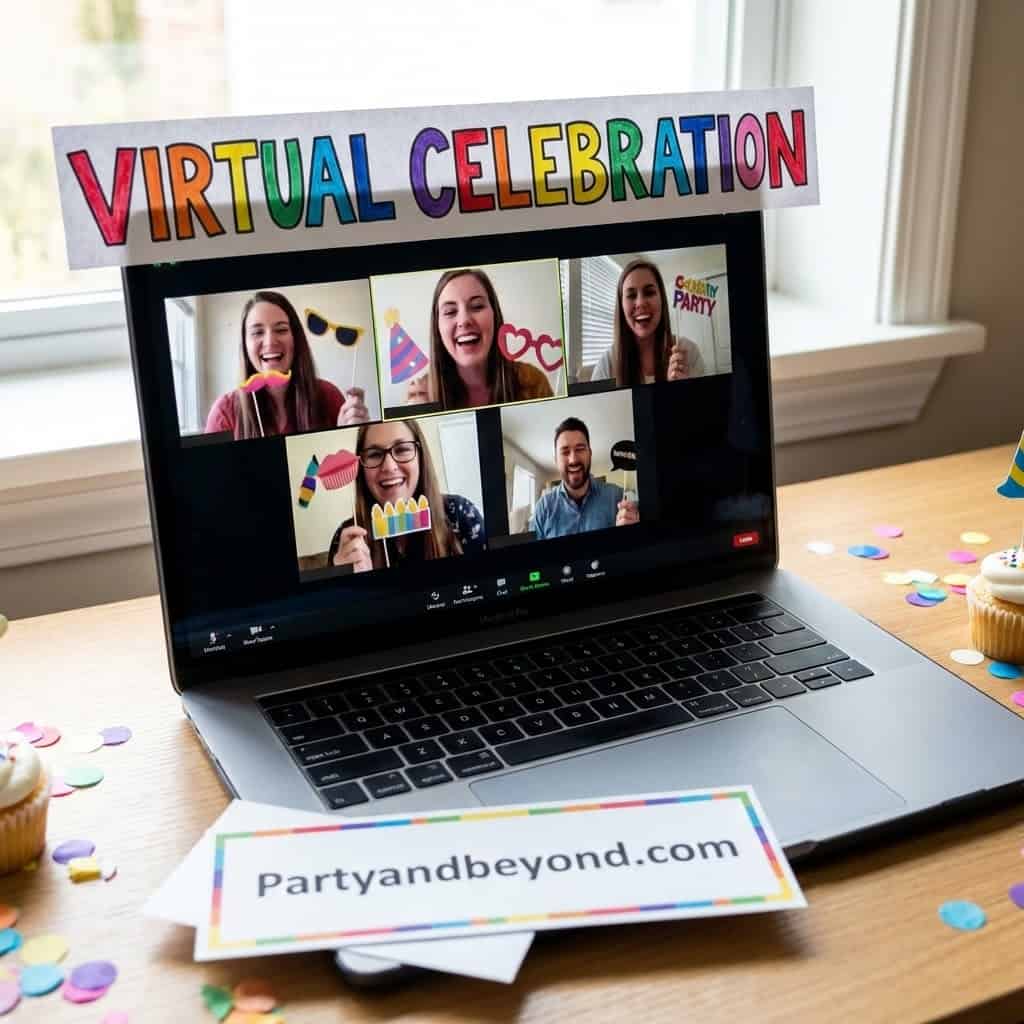 Virtual birthday party with friends on a laptop screen, colorful decorations, and celebration props.