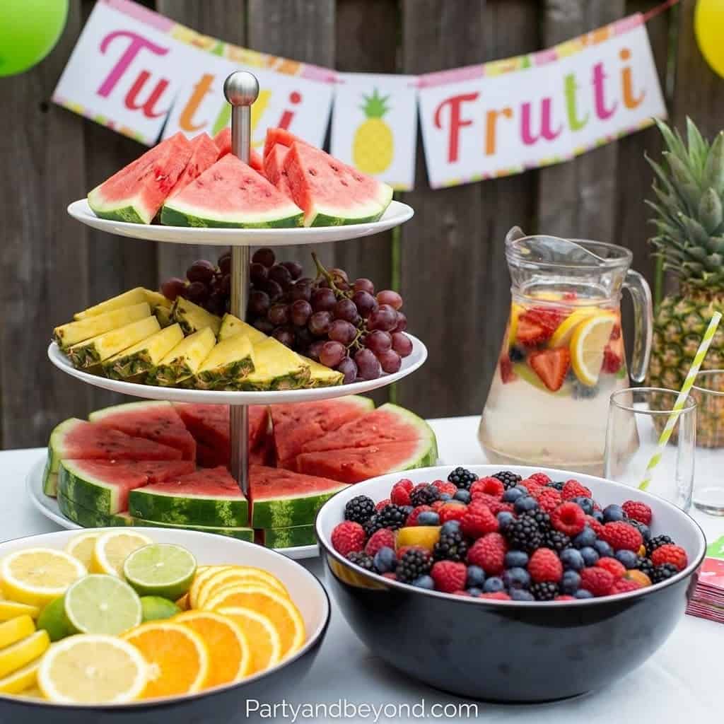 Colorful fruit platter with watermelon, pineapple, grapes, and berries for summer birthday celebrati.