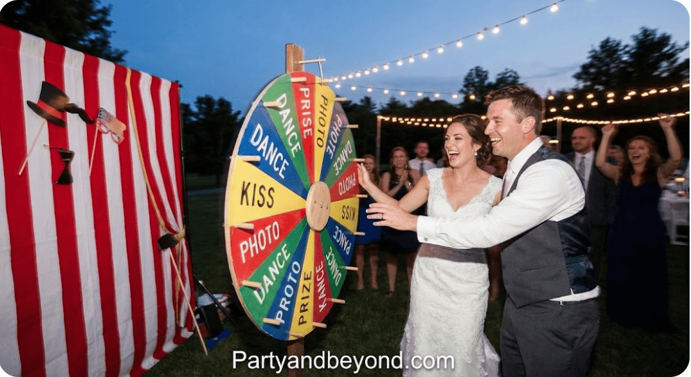 Wedding carnival game at outdoor party with guests having fun.