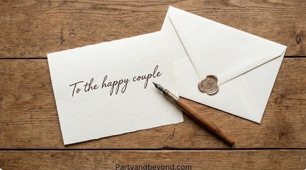 Pen and envelope for wedding guestbook game with handwritten note.