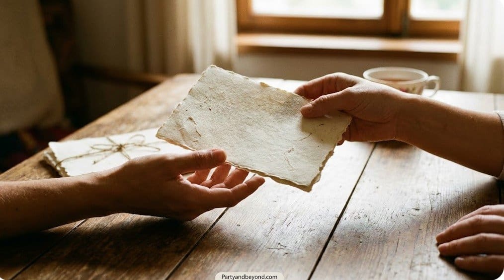 Hands exchanging a blank paper for wedding guestbook game.
