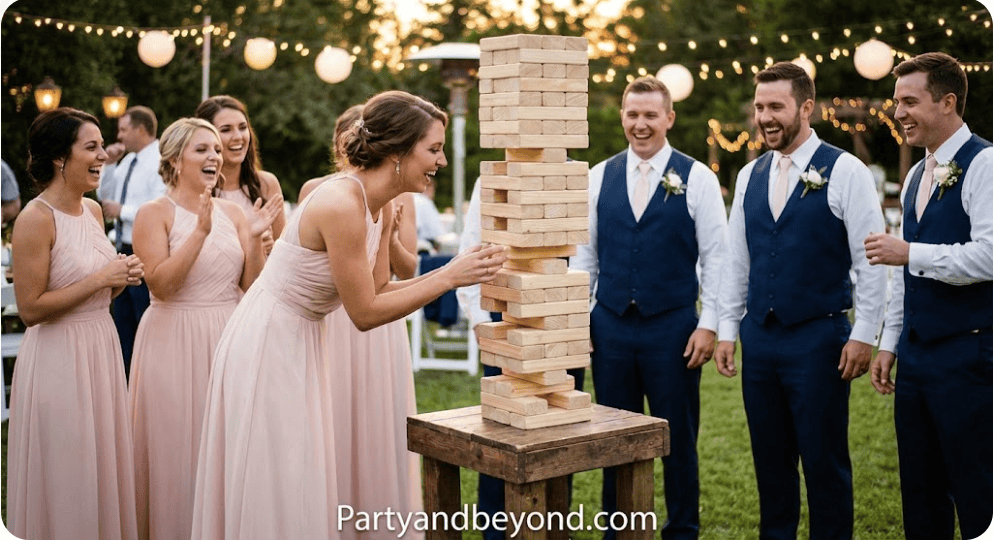 Outdoor wedding game with guests playing giant Jenga at a festive event.