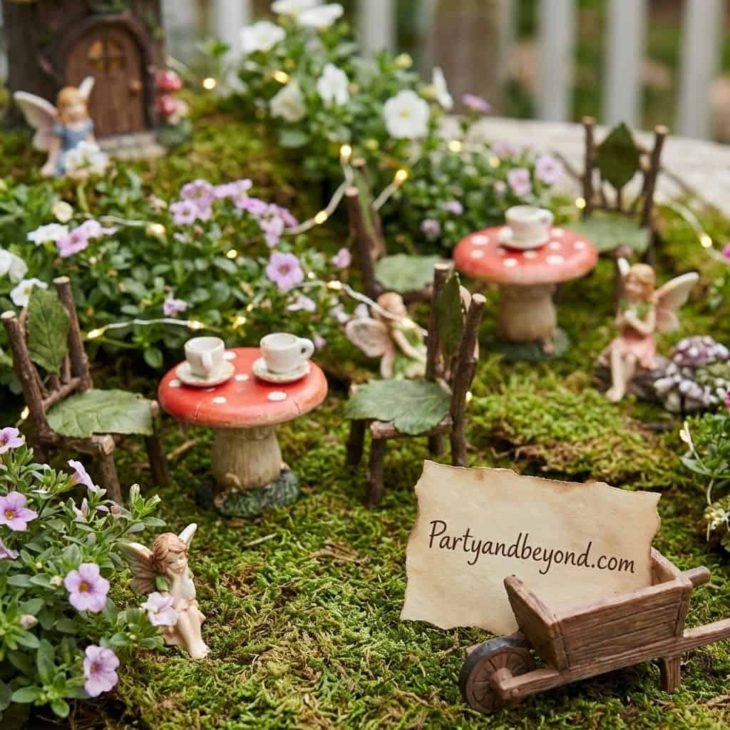 Enchanting fairy garden setup with miniature chairs, mushrooms, and fairy figurines for outdoor cele.