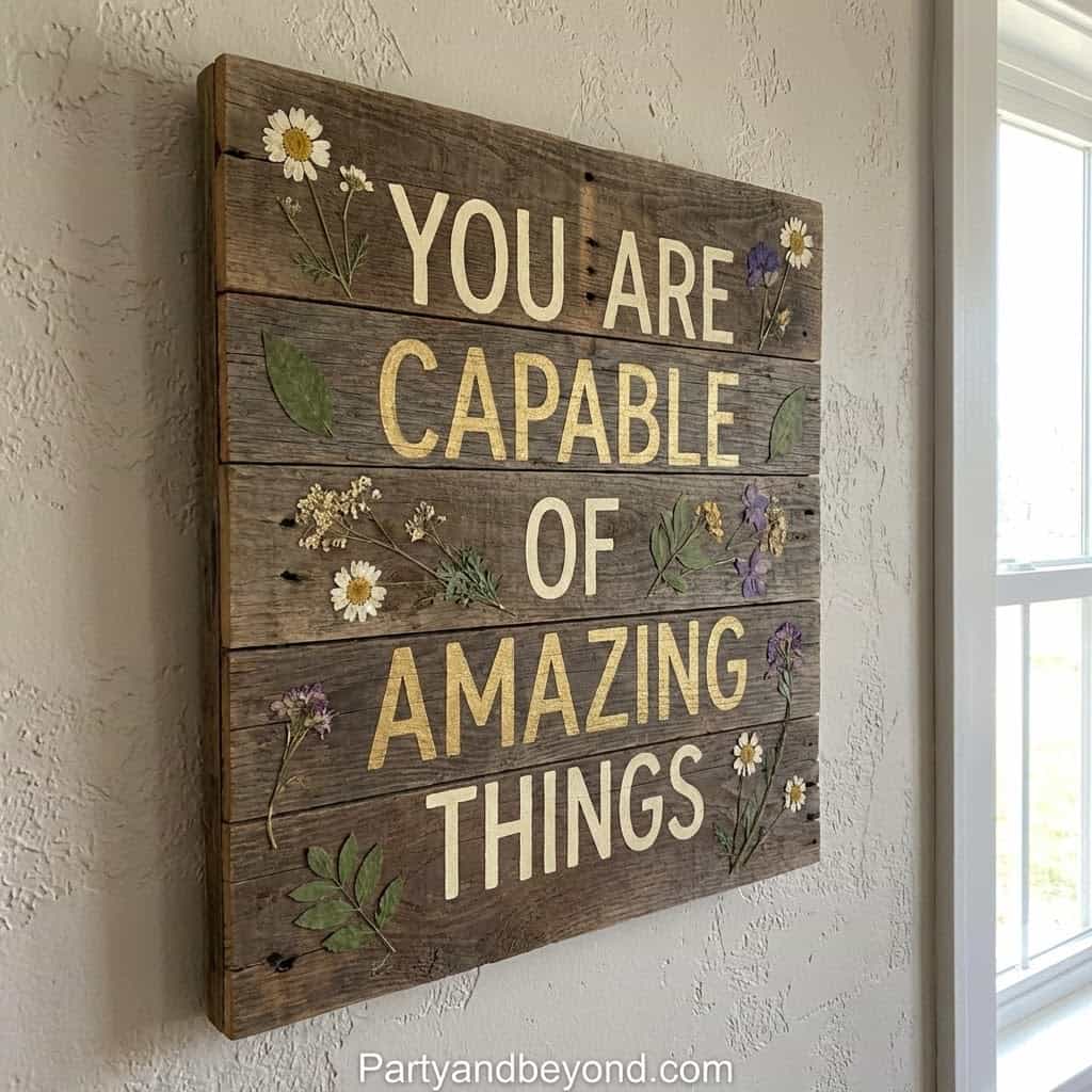 Inspirational wooden wall art with floral accents reading "You Are Capable of Amazing Things".