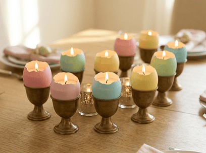 Colorful Easter candles in egg-shaped holders for festive table decor.