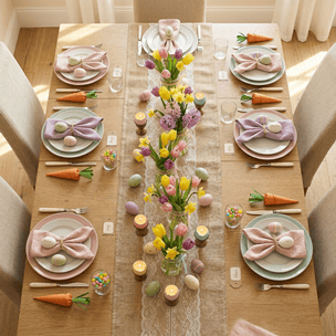 Beautiful Easter table setting with pastel flowers and themed decorations.