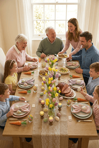 Family enjoying a beautifully decorated Easter table with flowers and festive accents.