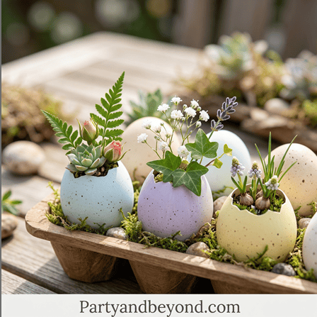 Beautiful Easter egg planters for festive table decorations.
