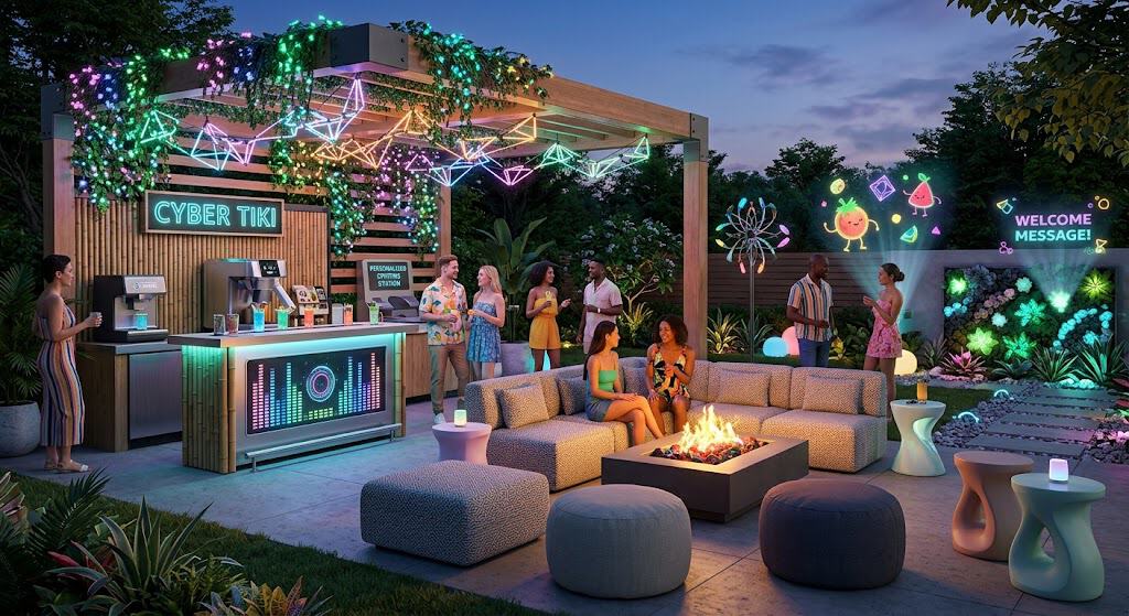 Vibrant summer backyard party with colorful lights, modern seating, and festive decorations for an o.