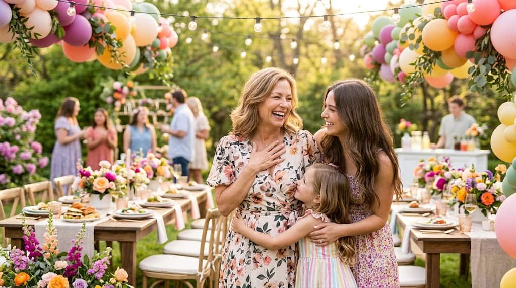 Beautiful women enjoying a Mother's Day outdoor party with colorful balloons and floral decor.