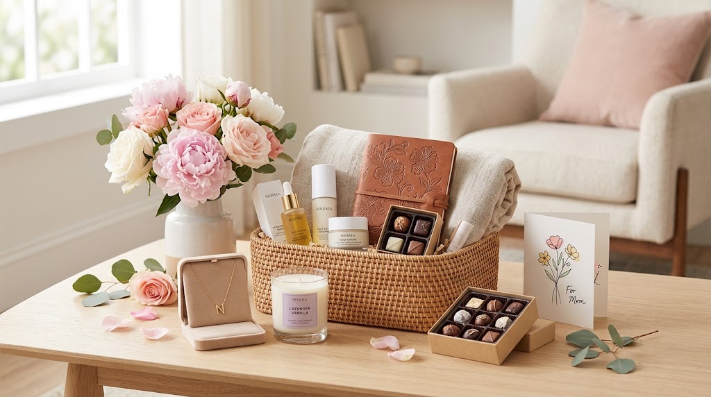 Beautiful Mother's Day gift set with skincare, chocolates, and flowers. Perfect for showing apprecia.