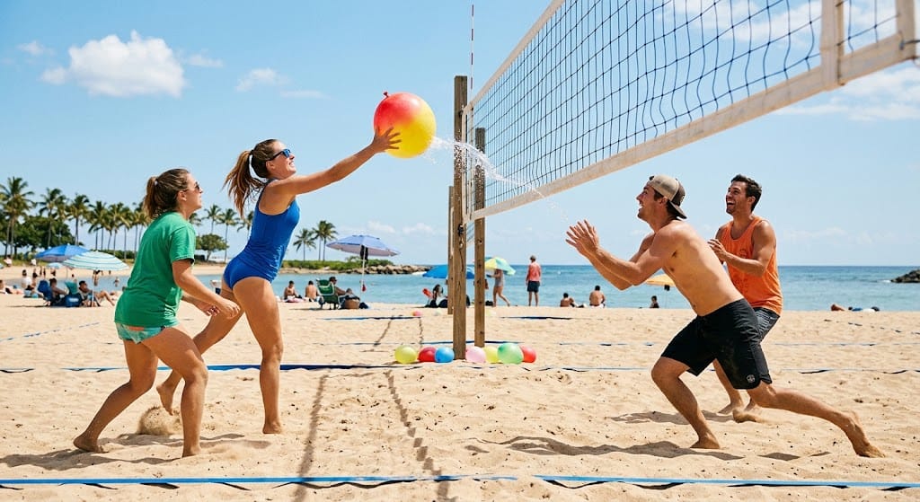 Kids enjoying fun water games for kids playing water balloon volleyball outdoors in summer