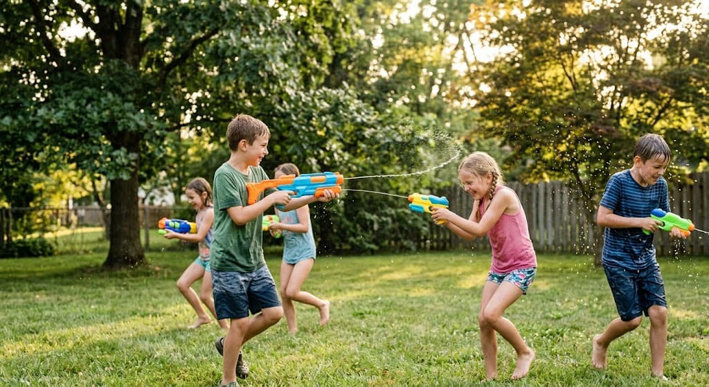 Fun water games for kids doing water gun target practice outdoor backyard summer activity