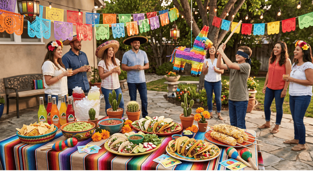 Vibrant Cinco de Mayo party with friends, colorful decorations, and festive food and drinks.