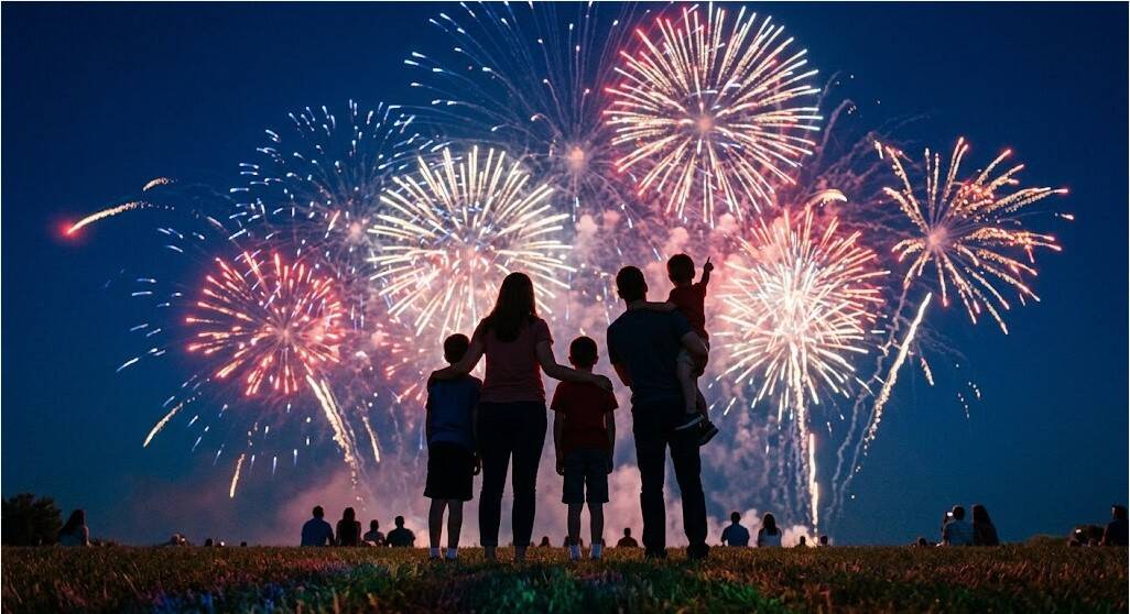 Fireworks light up the night sky during a 4th of July celebration with a family watching in the fore.