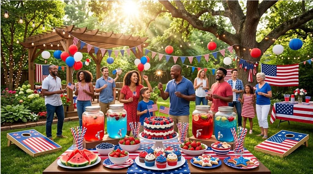 Vibrant 4th of July outdoor party with friends, patriotic decorations, and festive treats in a lush.
