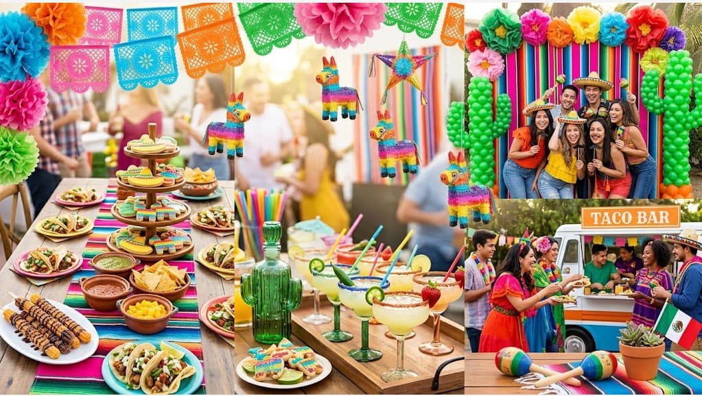Colorful Cinco de Mayo party setup with traditional decorations and festive food displays.