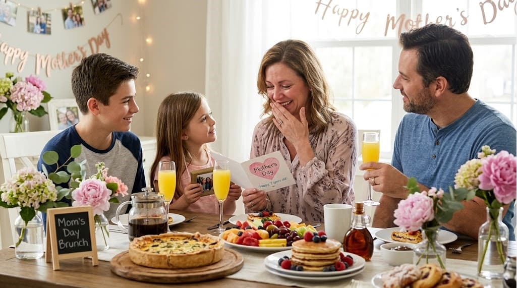 Family enjoying Mother's Day brunch with flowers and breakfast foods at home.