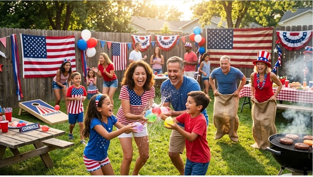 Happy family and friends enjoying a patriotic 4th of July party with games and BBQ.