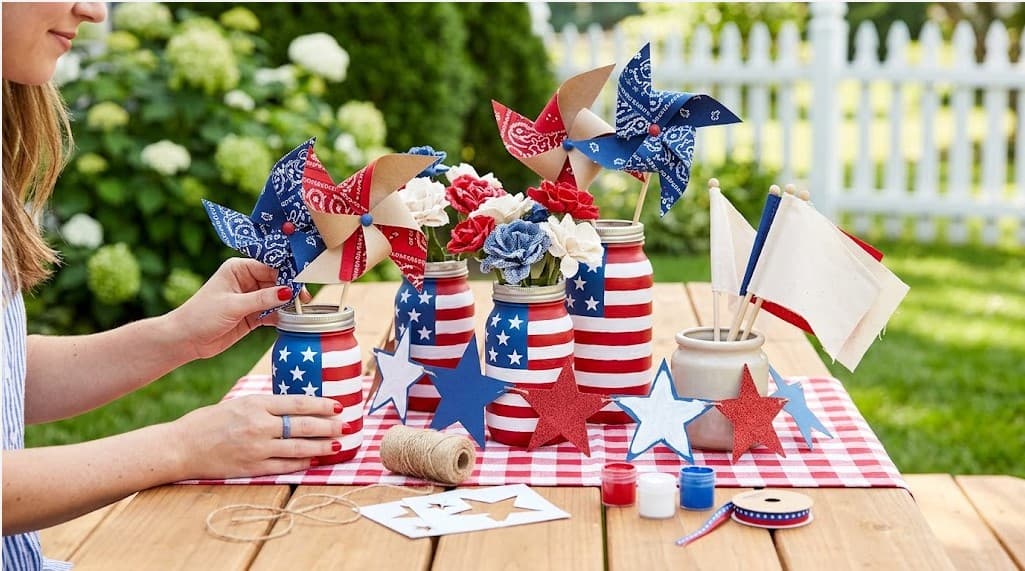 Festive 4th of July DIY decorations with stars, pinwheels, and American flags for Independence Day c.