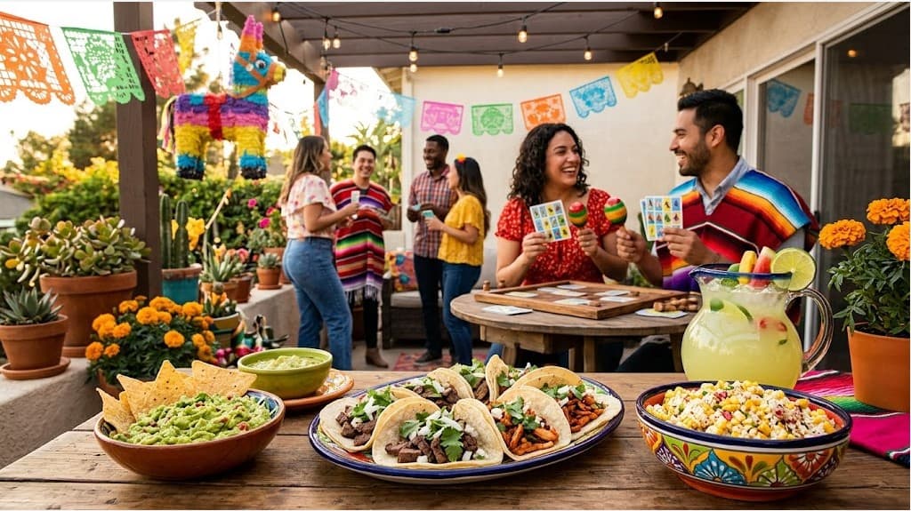 Colorful Cinco de Mayo fiesta with friends, traditional decorations, and delicious Mexican food. Per.