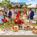 25 Kentucky Derby Party Ideas: Decorations, Food, Drinks & Games for the Perfect Race Day Outdoor Kentucky Derby themed party with guests in elegant hats and floral dresses.