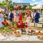 25 Kentucky Derby Party Ideas: Decorations, Food, Drinks & Games for the Perfect Race Day Outdoor Kentucky Derby themed party with guests in elegant hats and floral dresses.