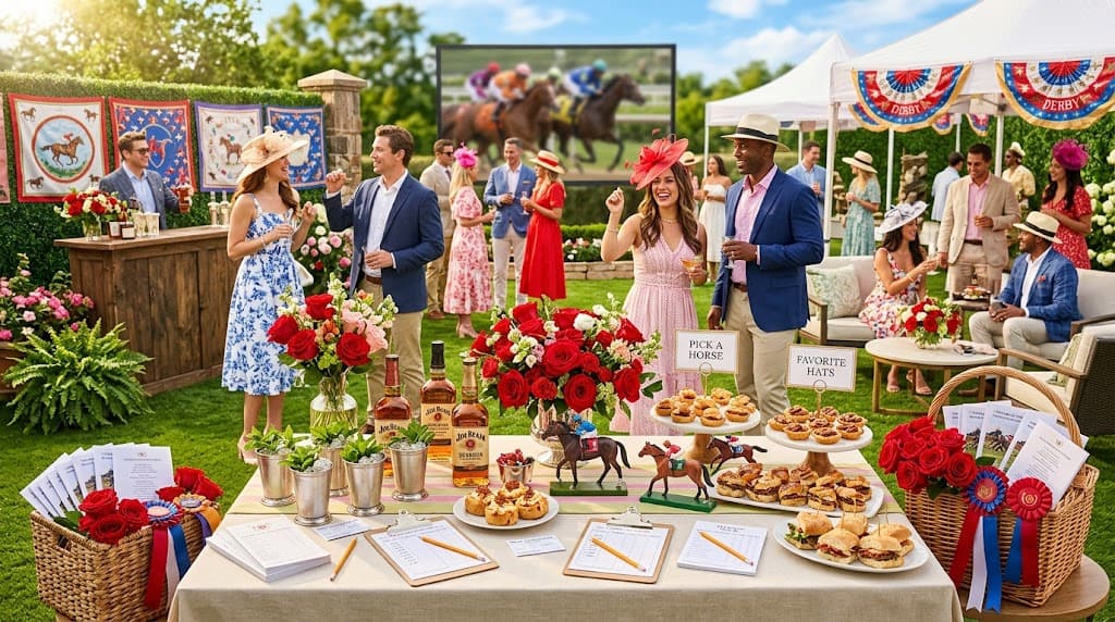 Outdoor Kentucky Derby themed party with guests in elegant hats and floral dresses.