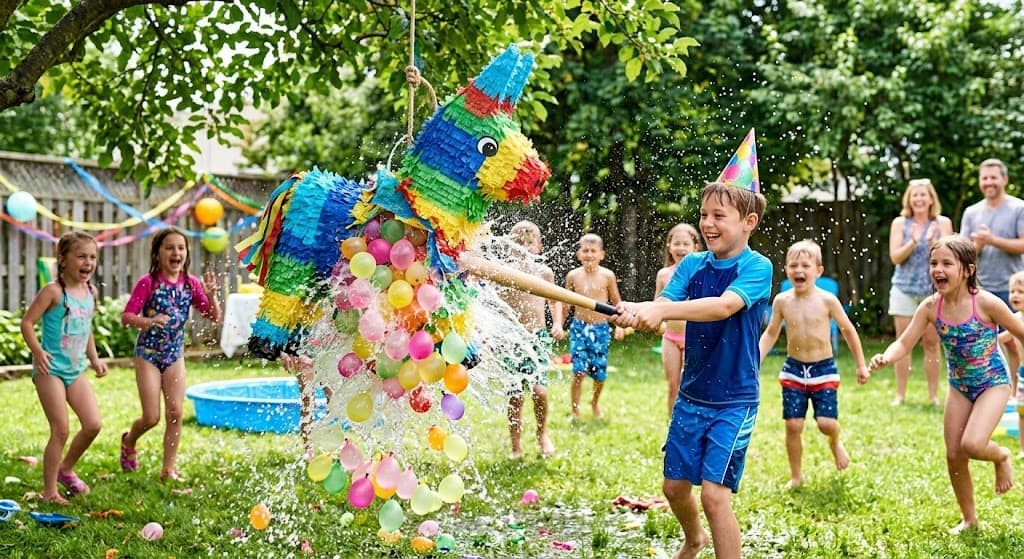 Fun water games for kids breaking water balloon piñata in backyard summer party activity