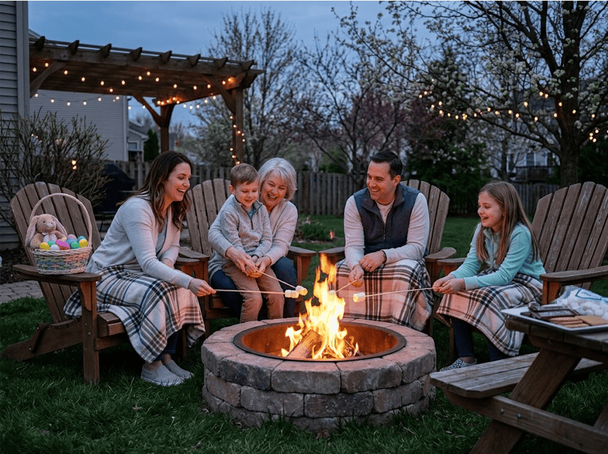 Family enjoying a spring evening around a backyard fire pit with Easter decorations.