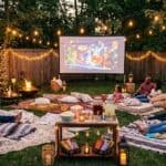 20 Outdoor Movie Night Ideas for the Perfect Summer Party Outdoor movie night setup with string lights, bean bags, and a large screen for summer entertainment.