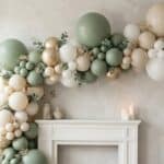 15 DIY Balloon Arch Ideas for Any Party (Easy, Stunning, Under $20) Elegant balloon arch with pastel green, white, and gold balloons for stylish party decor.