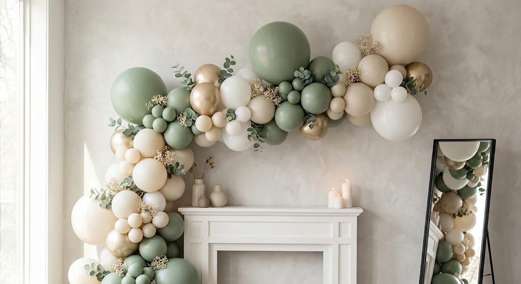 Elegant balloon arch with pastel green, white, and gold balloons for stylish party decor.