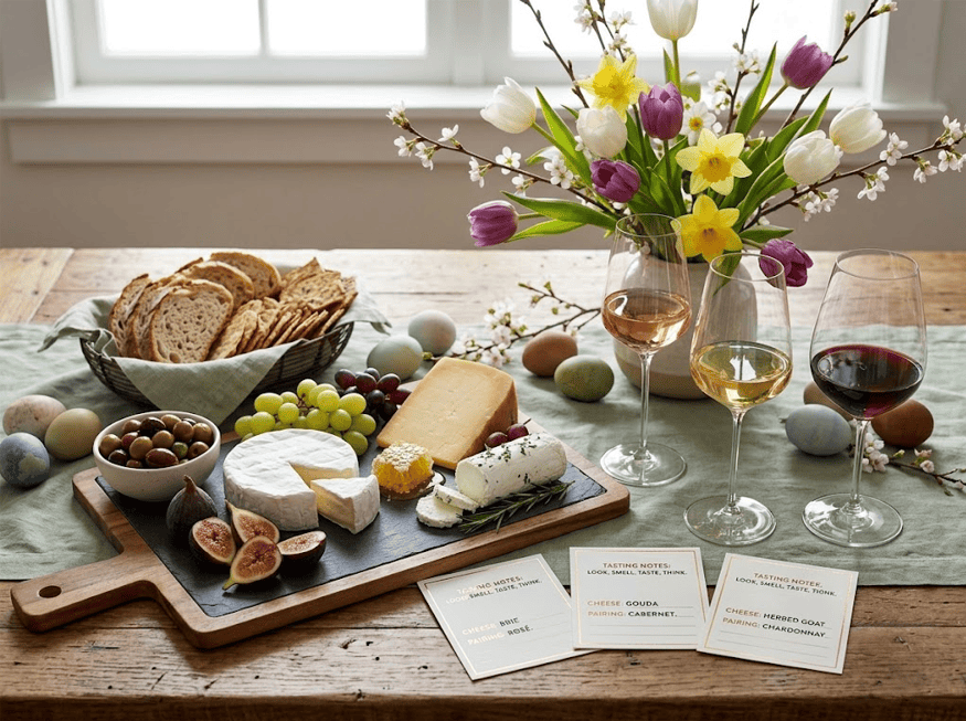 Elegant Easter cheese and fruit platter with wine and flowers for celebration.