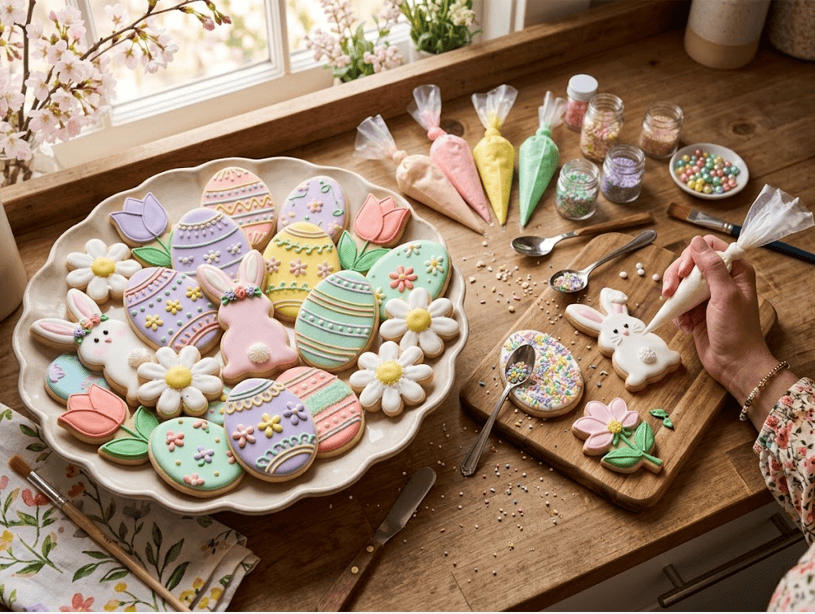 Decorated Easter cookies with colorful icing and sprinkles for kids and adults.