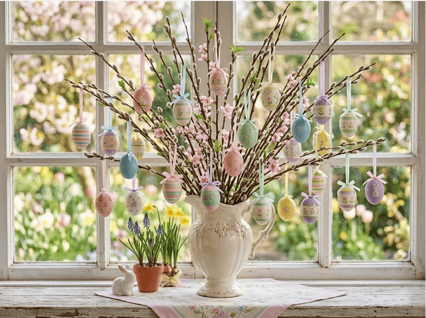 Colorful Easter eggs hanging on branches in a vase.
