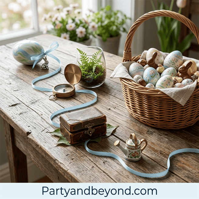 Easter eggs, vintage suitcase, and decorative items on rustic wooden table.