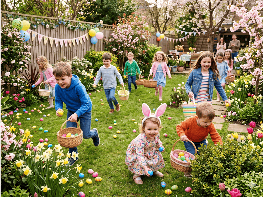 Easter egg hunt with children enjoying colorful eggs in a decorated garden setting.