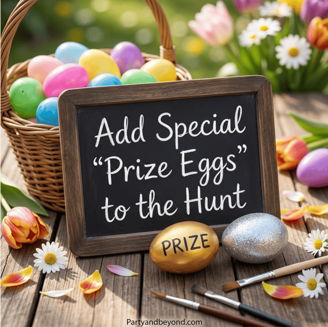 Easter egg hunt prize sign with colorful eggs and flowers background.