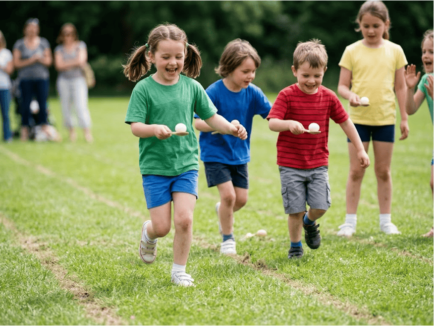 Kids participating in an Easter egg race outdoors during a festive celebration.