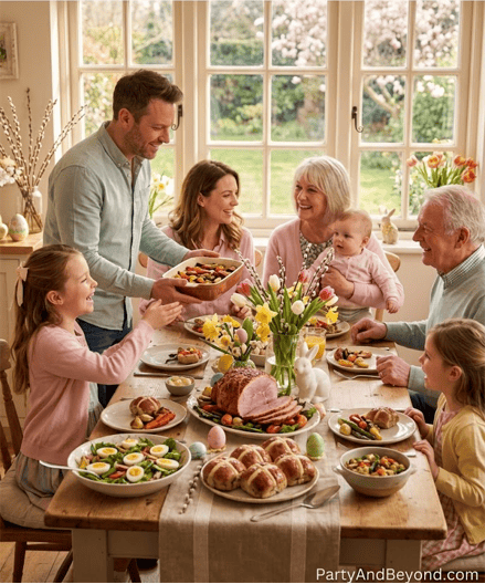 Festive Easter family gathering with decorated table and traditional foods.