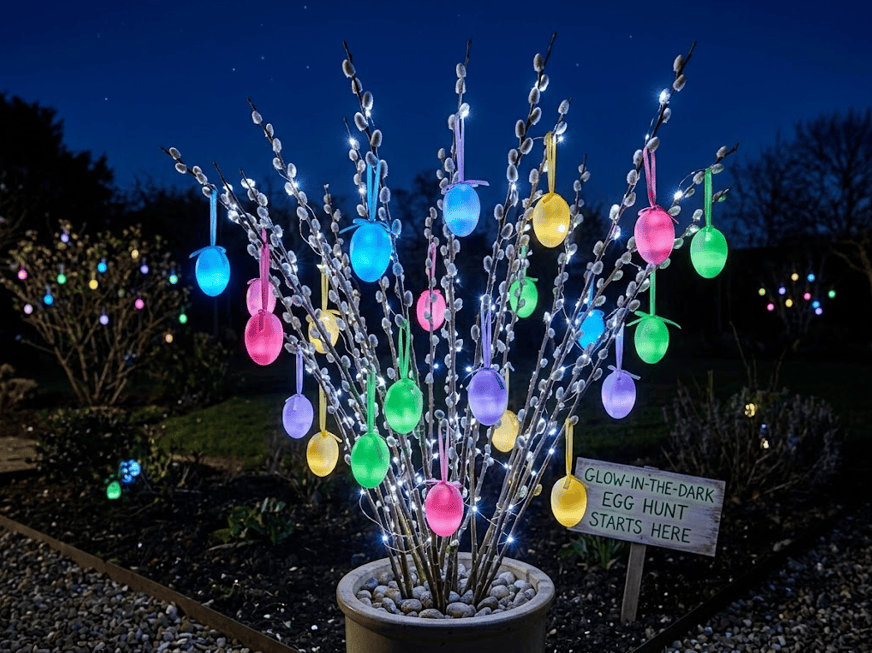 Colorful glowing Easter egg lights in a garden at night.