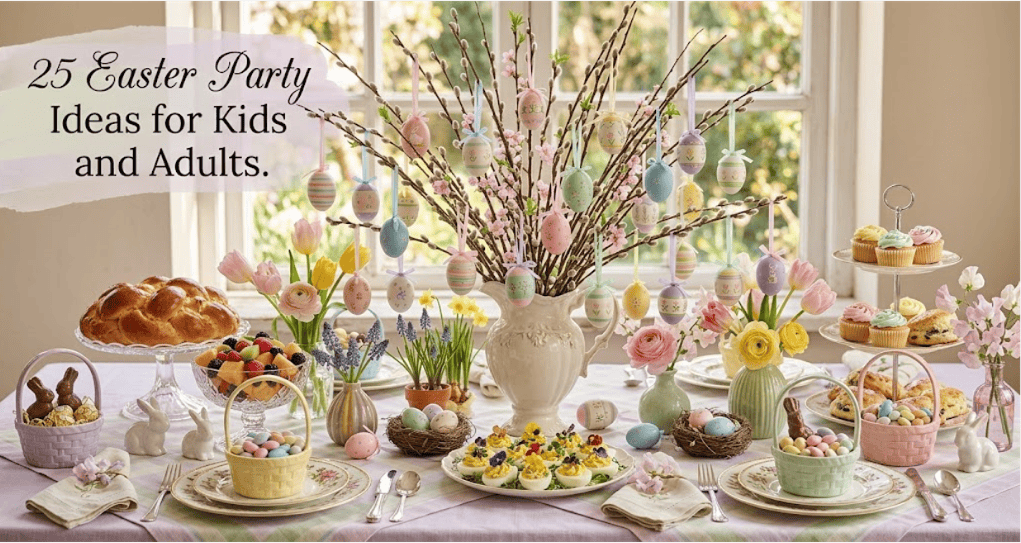 Beautiful Easter table setup with spring decorations and treats for kids and adults. Perfect for cel.
