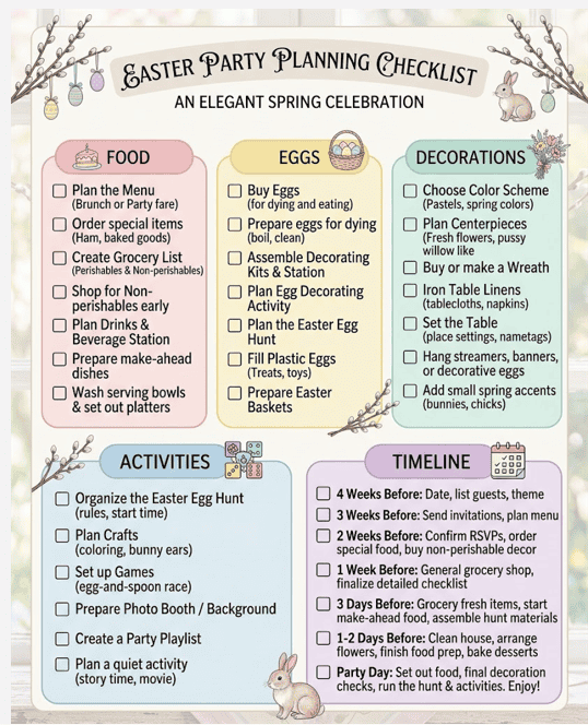 Easter Party Planning Checklist for Kids and Adults.