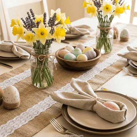 Beautiful Easter table centerpiece with yellow daffodils and lavender in glass jars.
