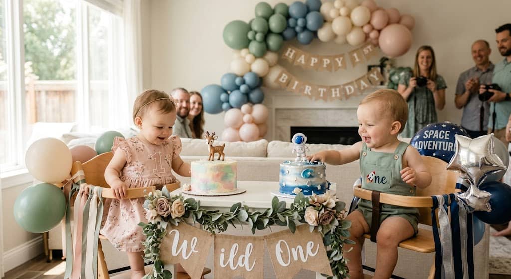 Adorable first birthday party scene featuring kids, balloons, and themed cake decorations. Perfect f.