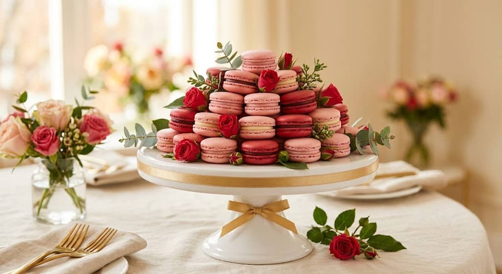 Delicious pink macarons with roses on a white cake stand, perfect for Kentucky Derby celebration des.