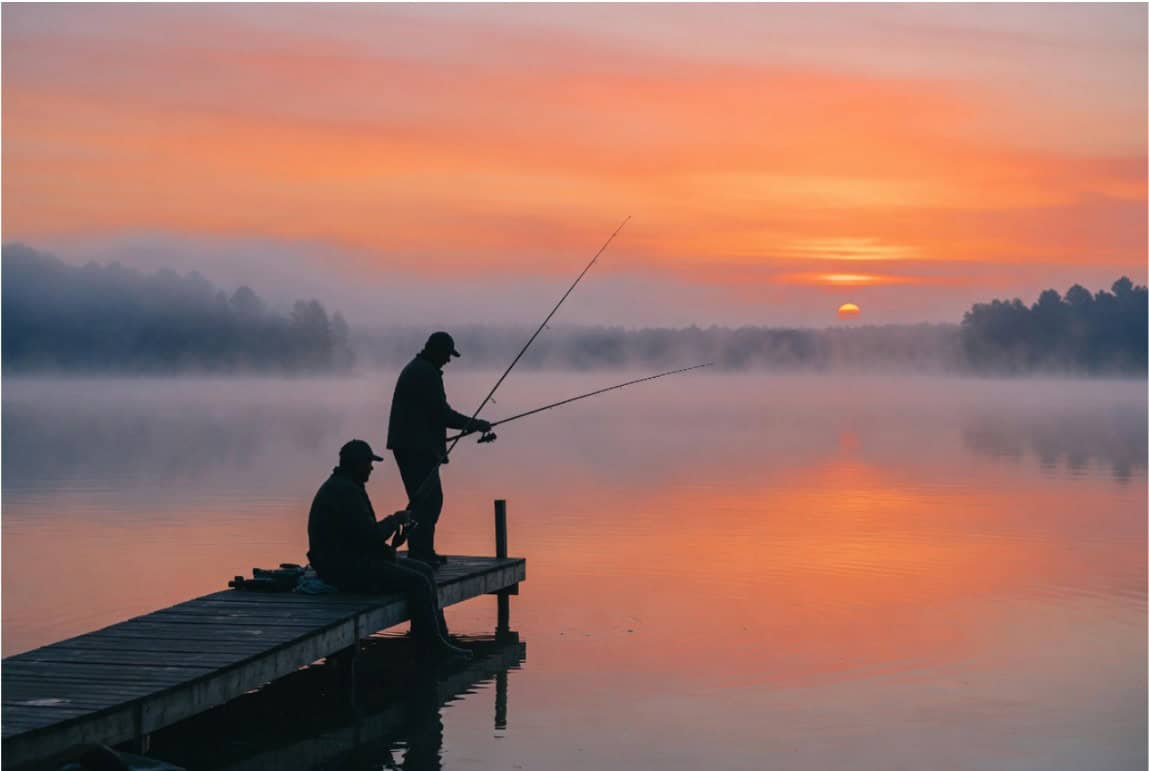 Fishing at sunrise on a peaceful lake.