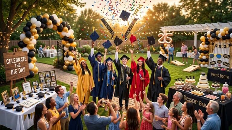 Happy graduation celebration featuring graduates in caps and gowns, surrounded by friends and family.